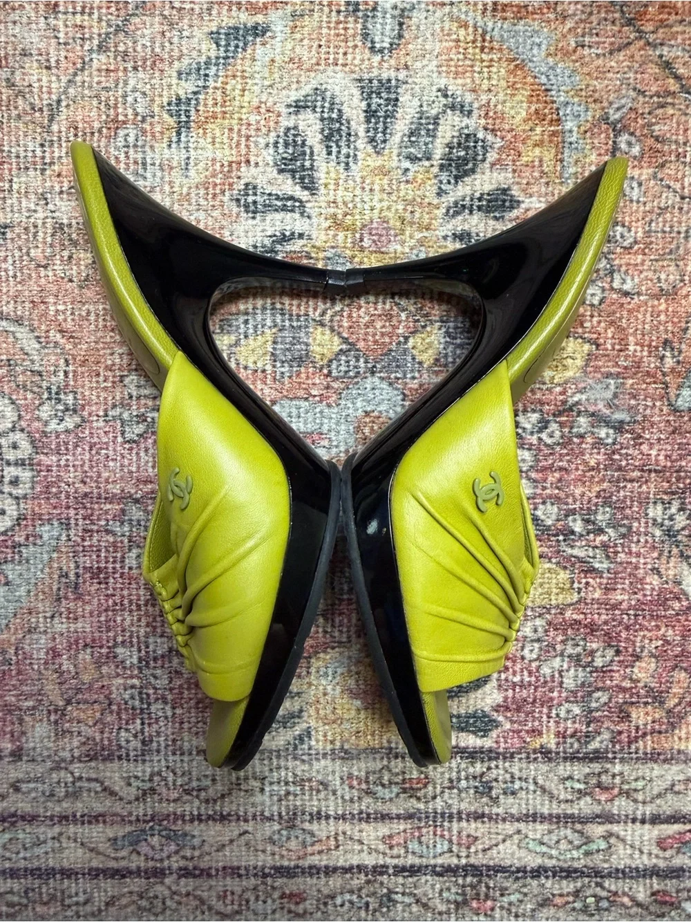 CHANEL Cruise 2004 Chartreuse Leather Ruched Open-Toe Mule Heels